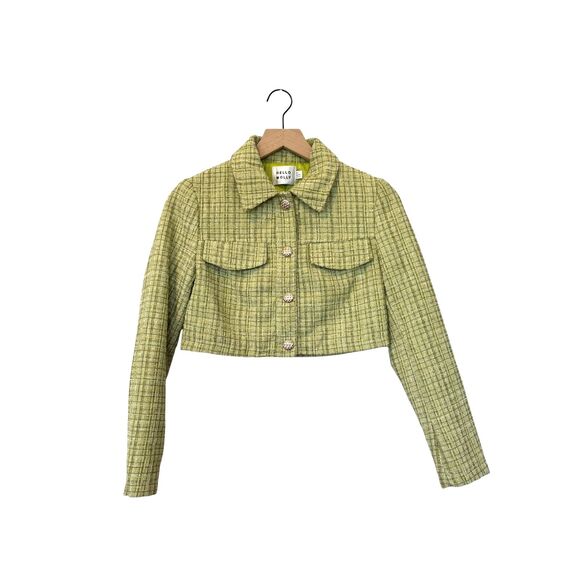 Hello Molly Jackets & Blazers - Hello Molly Lime Green Coquette Preppy Tweed Cropped Collared Blazer Jacket XS